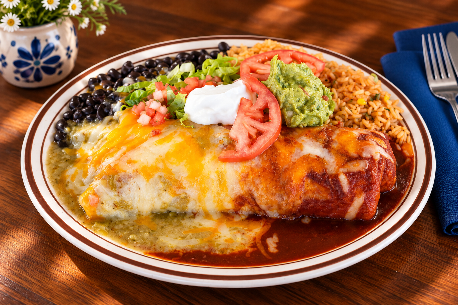 New Mexican breakfast burrito smothered in red and green chile with rice and beans at AREA 505